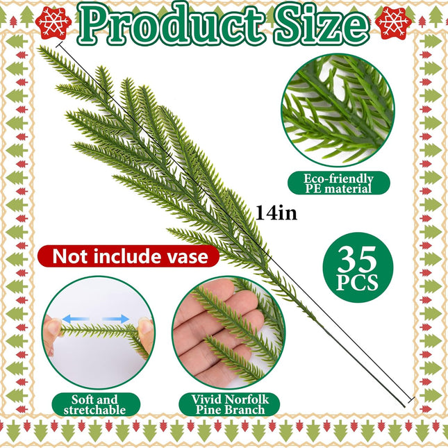 Watayo 45 Pcs Christmas Norfolk Pine Branches with Red Berry Stems- 14" Artificial Greenery Norfolk Pine Stems Sprigs- Fake Foliage Pine Needles Picks for DIY Craft Garland Home Decoration