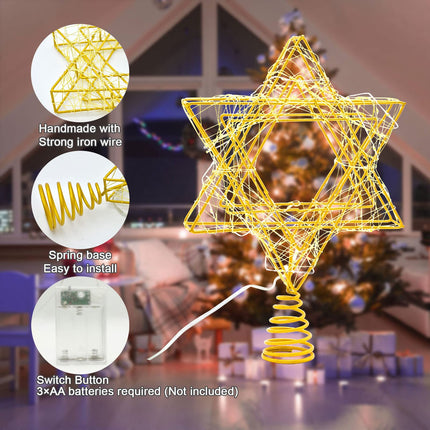 11 Inch Christmas Tree Star Topper 3AA Battery Powered Christmas Tree Topper Lighted, Gold Iron Christmas Tree Star Topper with 20LED Lights, for Christmas, Party & Home(Warm Light)