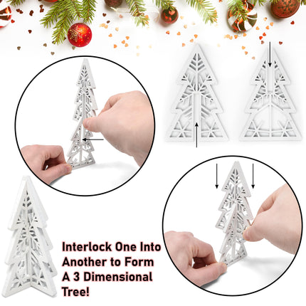 8 Piece Christmas Trees Wooden Table Decorations Centerpiece Holiday Wood White 3D Hallow Carving Tree Tiered Tray Tabletop Sign Decor 4 Sizes for Office Dining Mantle Home Winter Xmas Party Supplies