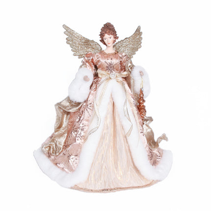 iPEGTOP 16 inches Angel Christmas Tree Topper with Glitter Gold Wings in Nude Pink Dress, Unlit Christmas Treetop Flying Angel Winged Diva Fairy Goddess Figurine Ornaments