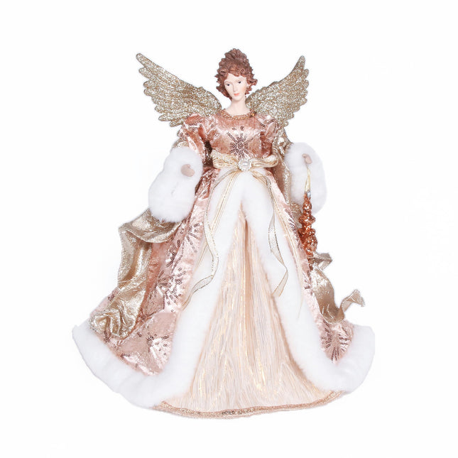 iPEGTOP 16 inches Angel Christmas Tree Topper with Glitter Gold Wings in Nude Pink Dress, Unlit Christmas Treetop Flying Angel Winged Diva Fairy Goddess Figurine Ornaments