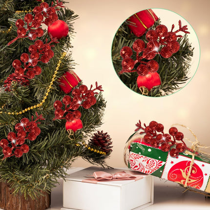 CCINEE 20pcs Glitter Christmas Red Berry Stems,7.8Inch Xmas Artificial Glitter Berry Branches for Christmas Tree Ornaments DIY Xmas Wreath Picks Crafts Home and Holiday Decor