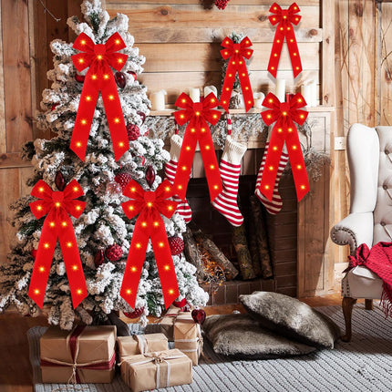 Crowye 12 Pcs Red LED Christmas Bows Lighted Xmas Bows Decoration Red Velvet Wreath Bows LED Light Bows Christmas Tree Topper for Indoor Outdoor Christmas Winter Decoration(8 x 19 Inches)