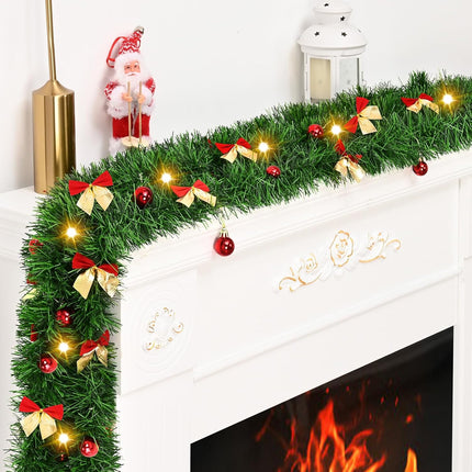 Christmas Garland Decorations-14.7 FT Christmas Green Garland with Lights, Fluffy Soft Greenery Lighted Christmas Garland for Mantle, Christmas Tree Garland Decor with Christmas Bows Balls