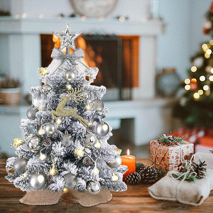 Mini Christmas Tree with Lights, 2ft Mini Christmas Tree with Decorations 24In Artificial Small Christmas Tree Pre-lit Snow Flocked Christmas Tree - for Table Desk Home Christmas Decoration