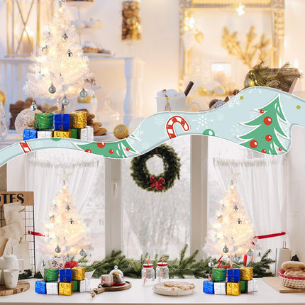 Hotop 2 Pcs Small White Tabletop Christmas Tree with LED Lights DIY Mini Christmas Tree with Hanging Ornaments Star Treetop Decorated Boxes for Christmas Decor