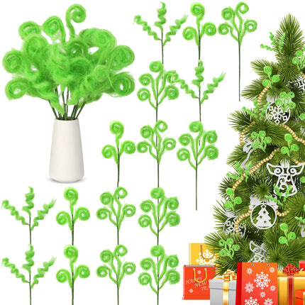 8 Pieces Lime Green Furry Christmas Tree Picks 15 Inch Decorative Christmas Curly Tree Sticks Green Christmas Tree Topper Spiral Curly Sprays Elf Ornaments Stems for Xmas Tree Vase Fillers