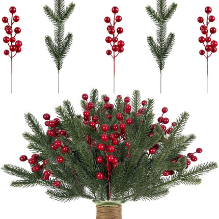 CIEOVO 54 Pieces Christmas Picks, 36 Artificial Pine Needles Branches Garland and 18 Christmas Picks Artificial Red Berry Stems Fake Holly Berries for Christmas Tree 0rnaments DIY Wreath Vase Holiday