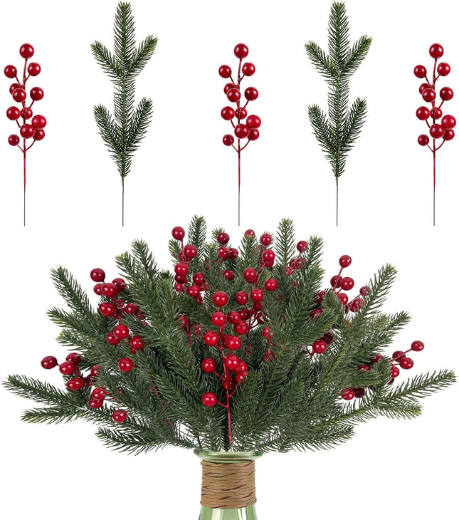 CIEOVO 54 Pieces Christmas Picks, 36 Artificial Pine Needles Branches Garland and 18 Christmas Picks Artificial Red Berry Stems Fake Holly Berries for Christmas Tree 0rnaments DIY Wreath Vase Holiday