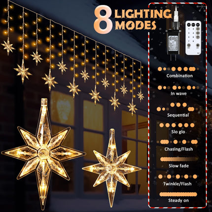 Enhon 14 Drops Christmas Snowflake Icicle String Light Outdoor, 11.5FT 175 LED Large Hanging Snowflake Icicle Lights with 8 Lighting Modes, Bethlehem Christmas Star Outdoor Light(Warm White)