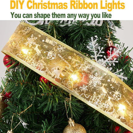 Christmas Tree Decorations, 2.5Inch x 32.8Ft 100 Led Christmas Tree Ribbon Lights with Timer, Battery&USB Powered 8 Lighting Modes Gold String Lights for Party Xmas Tree Decor