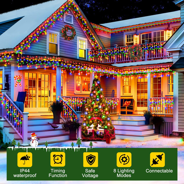 33FT 320 LED Christmas Lights Outdoor Decorations with 60 Drops Timer 8Mode Curtaing String Lights Waterproof Plug in Fairy Lights for Indoor,Xmas,Party,Patio,Window,Fence,Trees Decor(Multicolor)