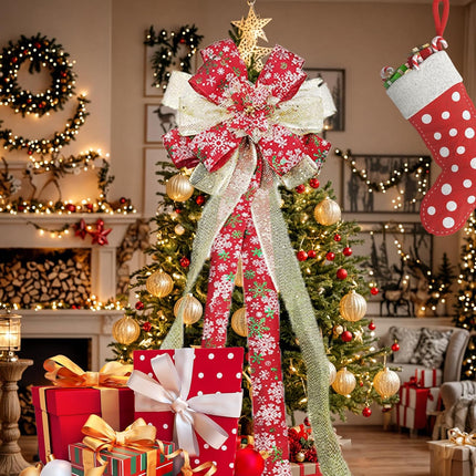 Christmas Tree Topper Bow, 55 "13" Large Glitter Artificial Flower Wreath Bow, with Long Streamer Mesh Wired Edge Ribbon Home/Restaurant Christmas Decoration