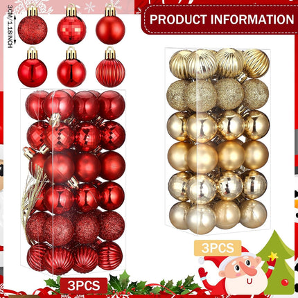 Shappy 216 Pcs Mini Christmas Ball Ornament 1.18" Christmas Tree Decorations 6 Styles Small Christmas Shatterproof Ball with Hanging Loop for Holiday Party Wreath Xmas Tree Decor (Red,Gold)