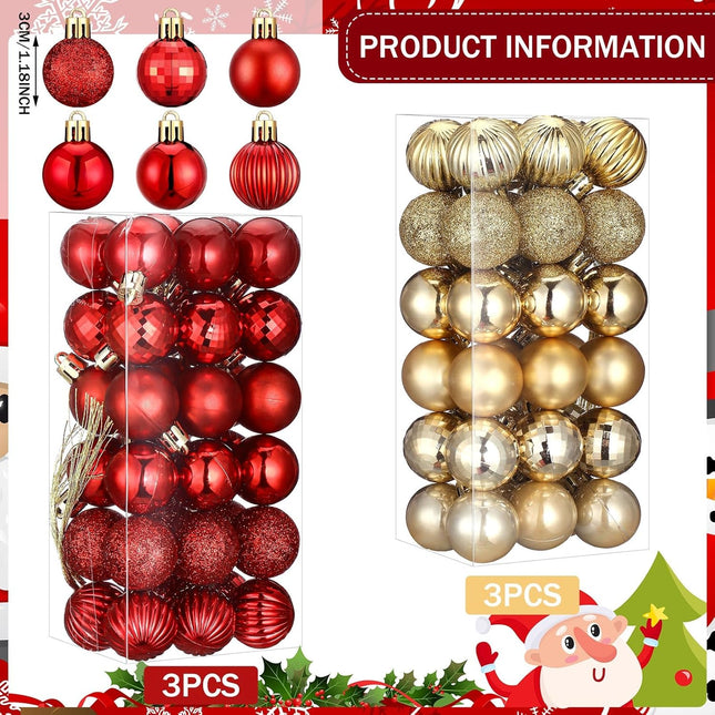 Shappy 216 Pcs Mini Christmas Ball Ornament 1.18" Christmas Tree Decorations 6 Styles Small Christmas Shatterproof Ball with Hanging Loop for Holiday Party Wreath Xmas Tree Decor (Red,Gold)
