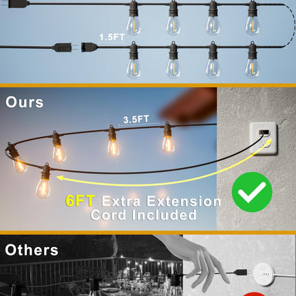 60FT LED Outdoor String Lights with 16+1 Edison Shatterproof IP65 Waterproof Bulbs, 2700K Dimmable Commercial Grade Patio Lights, Heavy Duty Outside Hanging Lights for Garden Porch Deck Decor