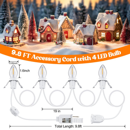 Meonum 3 Pack Accessory Cord with 4 LED Light Bulbs, 9.8 ft Christmas Village Light Cord with Female Plug, C7 Light Cord with Switch for Christmas Halloween Blow Mold Holiday Decor, Warm White Light