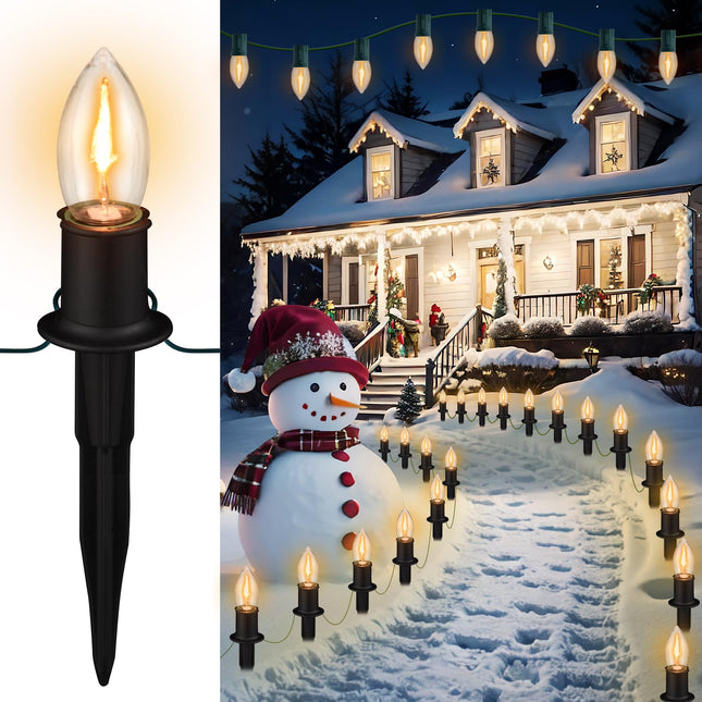 C9 Christmas Pathway Lights Outdoor LED - 24.2 Feet String Lights with 20 Bulbs, Waterproof Christmas Path Lights with Stake for Yard, Garden, Lawn, Walkway, Driveway, Sidewalk, Warm White