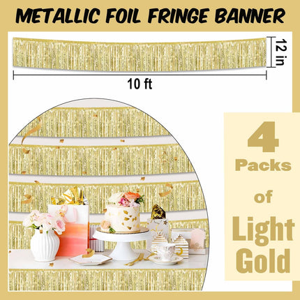 4 Pack 10 Ft Light Gold Foil Fringe Garland Metallic Streamers Tinsel Banner Wall Hanging Garland Backdrop for Parade Floats, Halloween, Christmas, Thanksgiving, Year Party Decorations