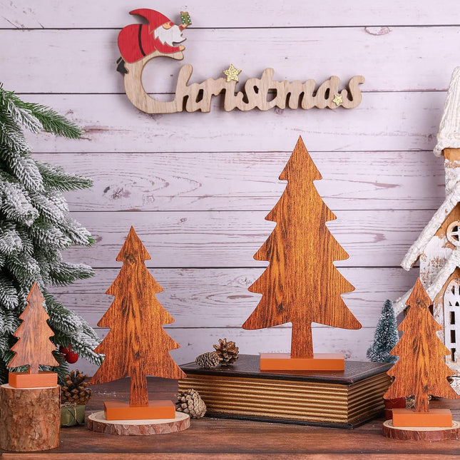 Sawysine 4 Pcs Wooden Christmas Tree Tabletop Decor Rustic Wood Christmas Trees Table Centerpieces Christmas Tiered Tray Decor Wood Trees with Rectangular Base for Xmas Winter Holiday (White)
