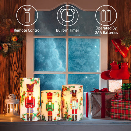 Flameless Christmas Candles Battery Operated, Realistic Flickering Flameless Candles with Timer & Remote, Holiday Led Pillar Candles for Holiday Decorations, Nutcracker