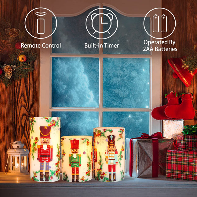 Flameless Christmas Candles Battery Operated, Realistic Flickering Flameless Candles with Timer & Remote, Holiday Led Pillar Candles for Holiday Decorations, Nutcracker