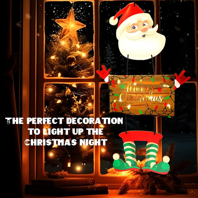 Christmas Hanging Decor, Charming Santa Claus Wooden Door Sign, Light-up Merry Christmas Sign,Winter Advent Xmas Decoration for Indoor Walls, Windows and Outdoor Hallways (Batteries Not Included)
