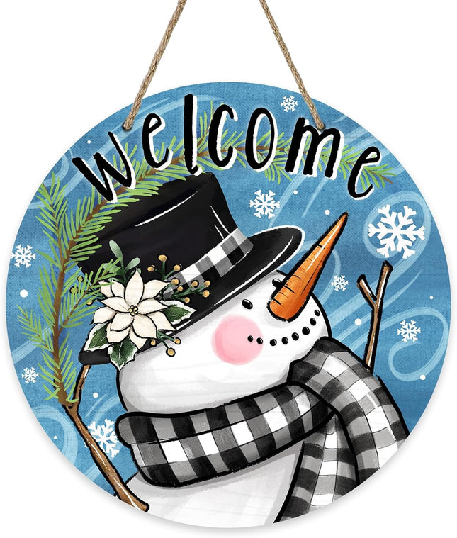 Deroro Welcome Winter Snowman Blue Front Door Sign, Buffalo Plaid Pine Branch Wood Door Hanger Outdoor Outside Porch Decor, Snowflake Christmas Holiday Wooden Wreath Indoor Wall Hanging Decoration