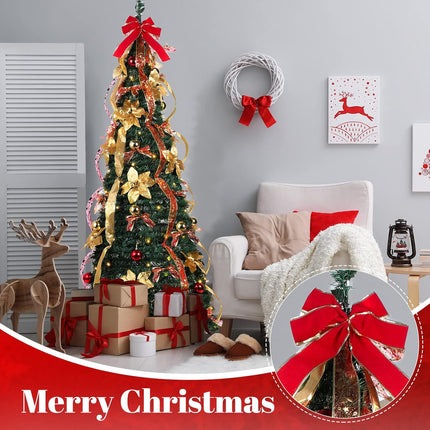 6 ft Christmas Tree Pop up Pre lit Christmas Tree with Lights Artificial Prelit Decorated Holiday Pull up Xmas Tree with Red and Gold Decorations Easy Assembly for Xmas Home Fireplace Decor