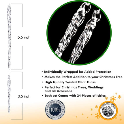 Twisted Clear Glass Icicle Christmas Ornaments for Christmas Trees - Set of 24 Icicles Christmas Tree Decorations - Christmas Tree Ornaments Perfect for White Or Silver Crystal Winter Frost Look