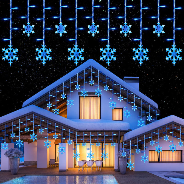 Retisee 34.45 ft Christmas Snowflake Lights, LED Lights Outdoor with Drops, 8 Modes, Ip44 Waterproof Christmas Lights for Curtain Eaves Window Indoor Outdoor Xmas Decorations (Blue)
