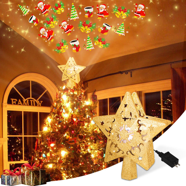 Star Christmas Tree Topper Lighted with Built-in Rotating LED Projector Glitter Bethlehem Star Ornament Hollow Pentagram Treetop Projection Night Light for Christmas Decoration Year Party