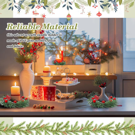 24 Pcs Christmas Candle Rings with Red Berry Grass Wreath Candle Holder Rings Small Candle Wreaths Rings for Pillars Rustic Wedding Centerpiece Christmas Table Decoration for Front Door