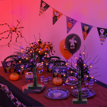 2 Pack 24 Inch Black Halloween Tree with 24 LED Orange Purple Lights, USB/Battery Operated Halloween Table Decorations Tree Light with Timer, Scary Halloween Decorations Indoor for Home Party Decor