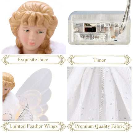 Valery Madelyn Lighted Christmas Tree Topper Angel with Timer, 16 Inch White and Silver Fabric Angel Tree Topper with Lights for Christmas Tree Decoration Indoor, Battery Operated