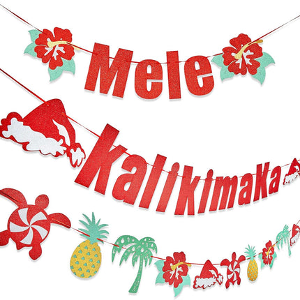 3 Pieces Mele Kalikimaka Banner Hawaiian Christmas Garland Glittering Winter Holiday Party Banner Decor Supplies Mantle Family Home Pre-Strung Decor