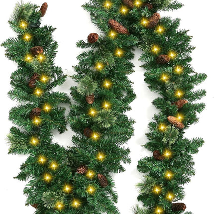 Christmas Garland by KALOR - 9 feet Pine Garland with 50 Battery Operated Lights - Christmas Décor with Pine Cone for Indoor Home Holiday Xmas Decorations