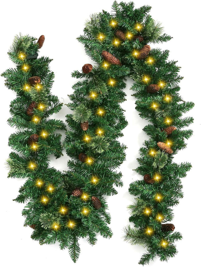 Christmas Garland by KALOR - 9 feet Pine Garland with 50 Battery Operated Lights - Christmas Décor with Pine Cone for Indoor Home Holiday Xmas Decorations