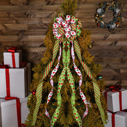 Tigeen Christmas Tree Bow Topper 52 x 12 Inch Red Green White Polka Dot Large Toppers Bow Present Bow with Glitter Streamers for Wreaths Xmas Party Holiday Festival Decorations