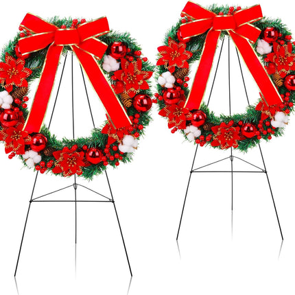 Crowye 4 Pcs Christmas Memorial Cemetery Wreath Set Includes 2 Pcs 20in Christmas Wreath 2 Pcs 30in Easel Stand Holiday Outside Yard Wreath Decoration for Outdoor Gravestone Headstone(Poinsettia)