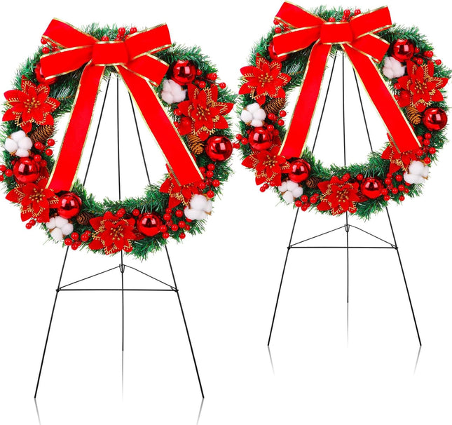 Crowye 4 Pcs Christmas Memorial Cemetery Wreath Set Includes 2 Pcs 20in Christmas Wreath 2 Pcs 30in Easel Stand Holiday Outside Yard Wreath Decoration for Outdoor Gravestone Headstone(Poinsettia)