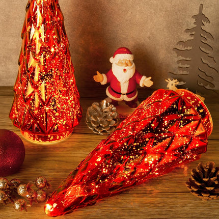 Mercury Glass Christmas Tree, 2-Pack Lighted Xmas Tree Decorations, Holiday Centerpiece Battery Operated LED with Timer, Decorative for Tabletop Window Mantel Display Party Indoor Home Decor(RED)