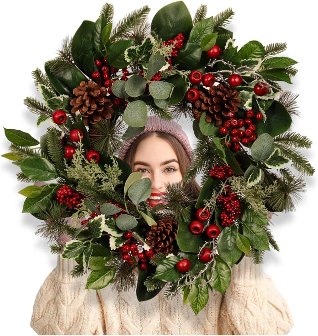 22-Inch Artificial Christmas Wreath with Pinecones, Red Berries, and Magnolia - Holiday Door Wreath for Indoor Outdoor, Winter Christmas Decor for Front Door, Fireplace, or Wall Display