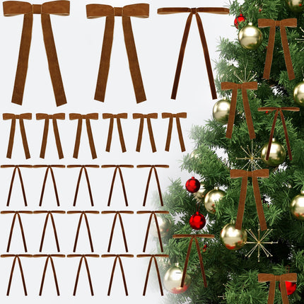 24 Pcs Velvet Christmas Bows, Christmas Wreath Bow Bulk Ribbon Velvet Wreath Bows Christmas Handmade Tree Topper Ornament for Wrapping Xmas Outdoor Indoor Wedding Decoration(B-Khaki)