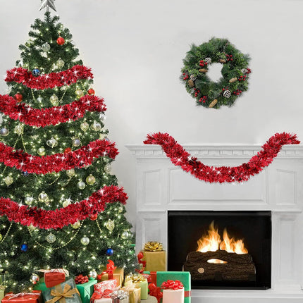 [ 4 String Total 28 Ft ] Valentines Day Red Tinsel Garlands Valentines Red Tree Garland Thick Thin Metallic Streamers Xmas Garland Christmas Decor Home Indoor Outdoor Party Supplies, Each 7Ft by 3.5"
