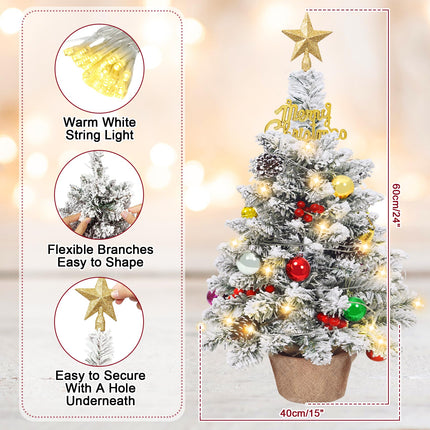 24 in Tabletop Mini Christmas Tree Set, Small Snow Flocked Prelit Christmas Tree with Warm LED Lights, Star Treetopper, Plastic Pine Cones, Berrys and Hanging Ornaments for DIY Christmas Decorations