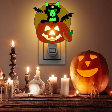 Halloween Black Cat Pumpkin Luminous Night Lights Plug into Wall, Fluorescence Metal Bright Plug in Nightlight, Halloween Christmas Valentine Holidays