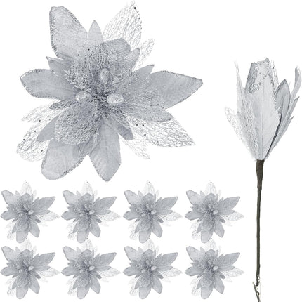 Riceshoot Poinsettia Flower Artificial Poinsettia with Clips Christmas Decor Glitter Poinsettia Christmas Ornaments Christmas Tree Flower Decoration with Stem Xmas Wreath Holiday Home Decor(Silver)
