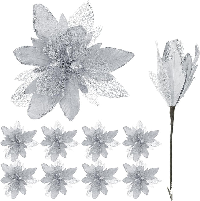 Riceshoot Poinsettia Flower Artificial Poinsettia with Clips Christmas Decor Glitter Poinsettia Christmas Ornaments Christmas Tree Flower Decoration with Stem Xmas Wreath Holiday Home Decor(Silver)