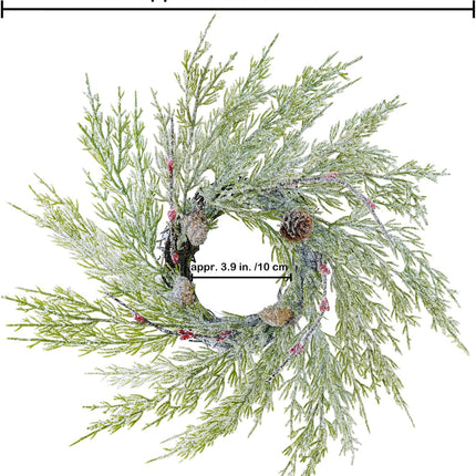 Winlyn 4 Pcs Artificial Snowy Cedar Pine Candle Rings Evergreen Pine with Red Pip Berries and Pinecones Wreaths Farmhouse Christmas Candle Holder Rings 15" Wide for Winter Holiday Mantel Door Cabinet